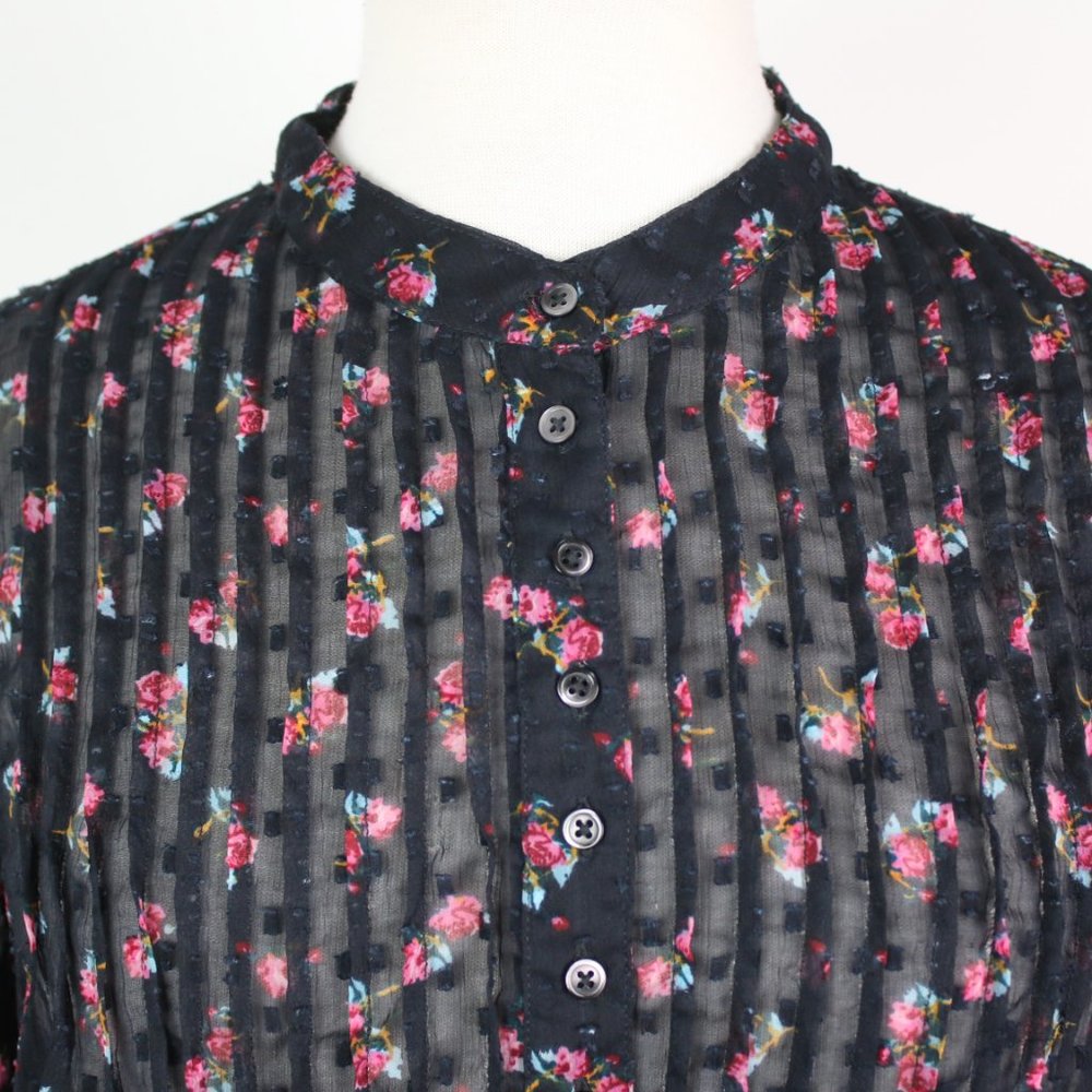 Free People Womens Small Floral Swiss Dot Pleated Sheer Blouse Top - Picture 3 of 5